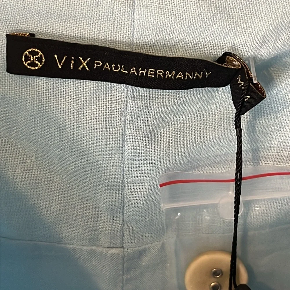 NWT VIX Paula Hermanny Linen Blend Spaghetti Strap Sky Blue Button Up Dress Sz M - Picture 5 of 10